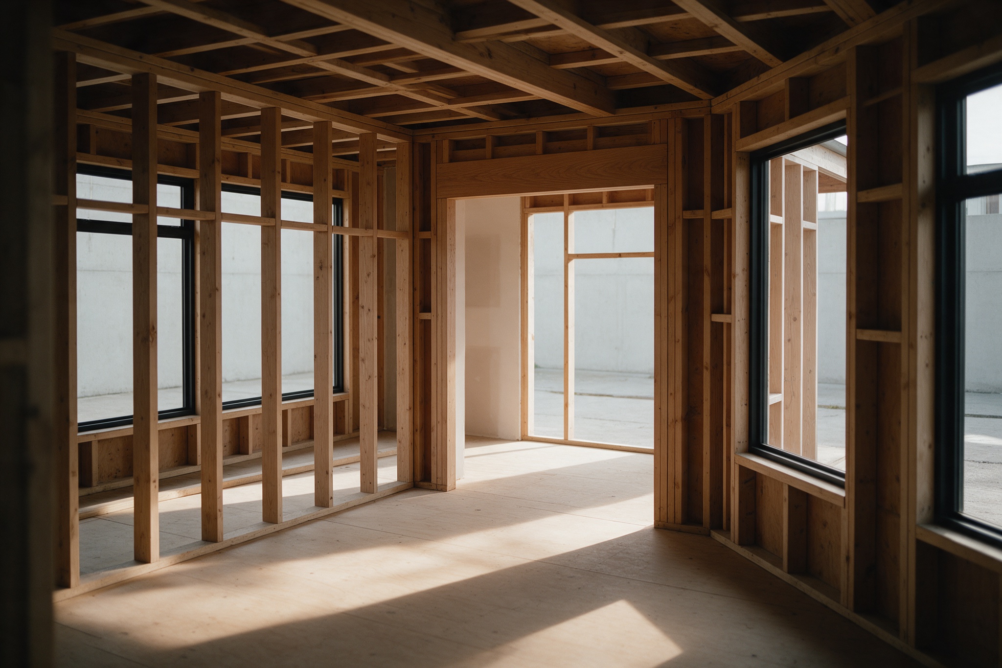 A house under construction, daylight through the framing