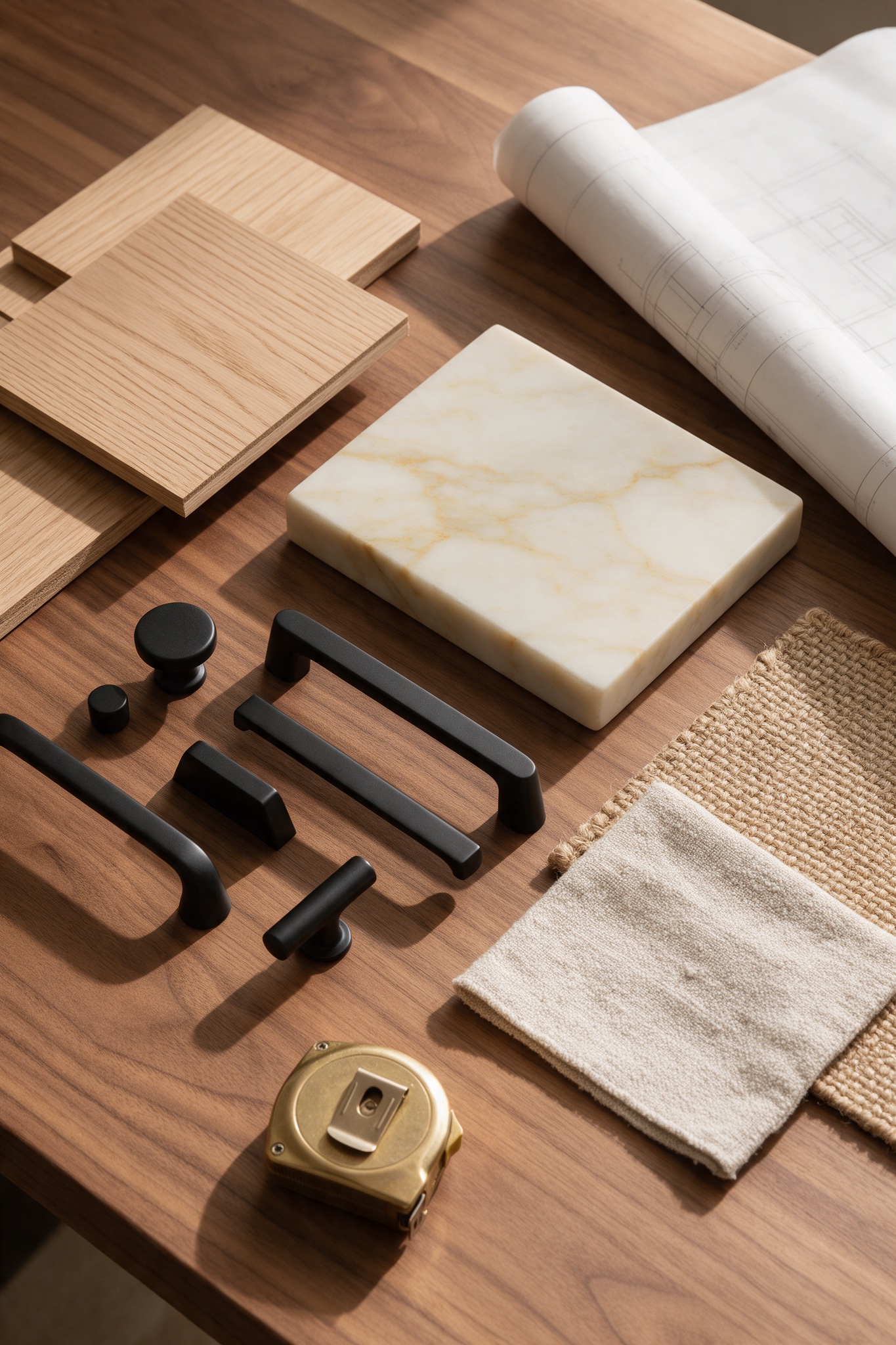 Material selections laid out on a walnut table