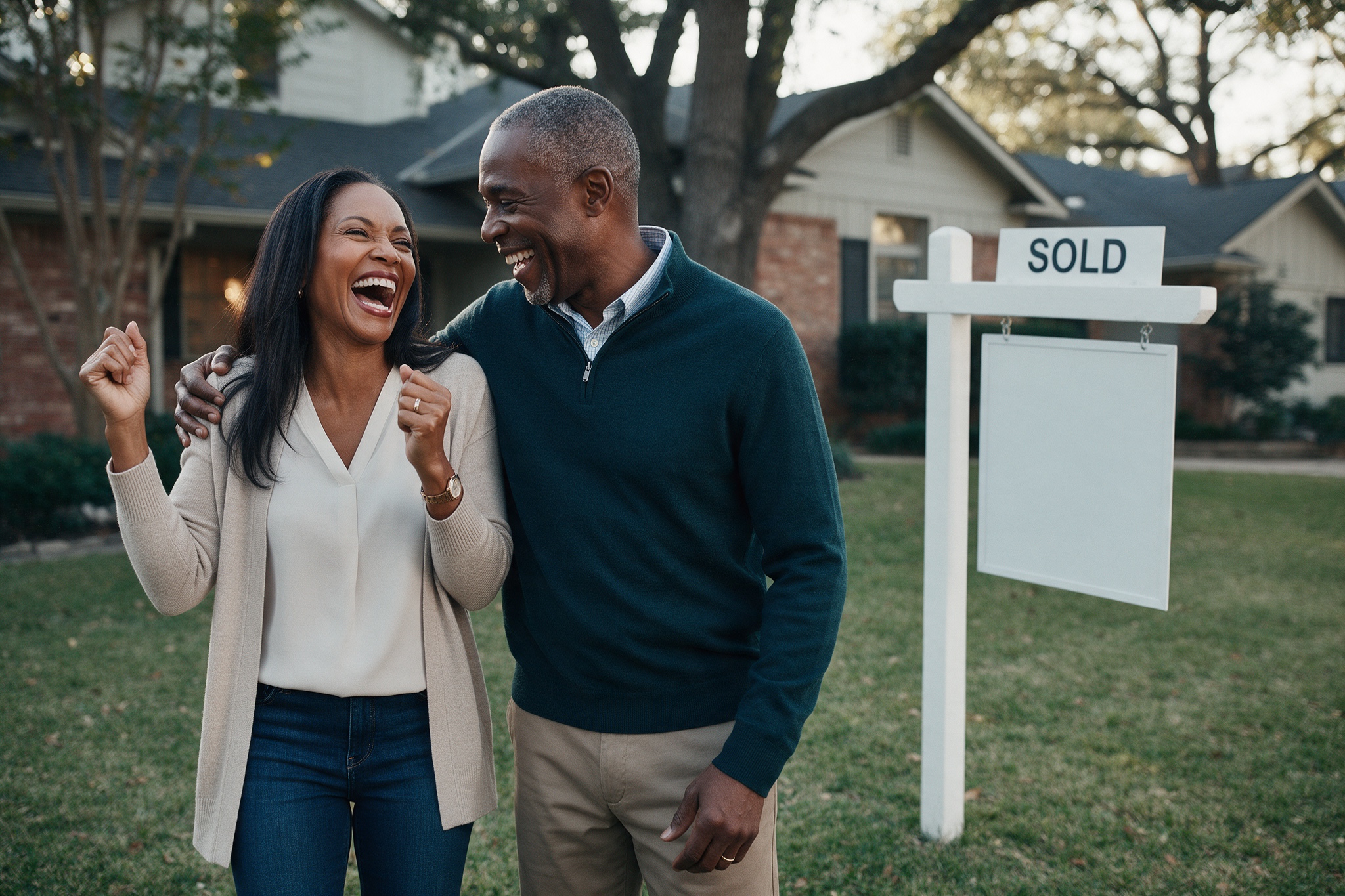 Homeowners celebrating beside a sold sign outside their home