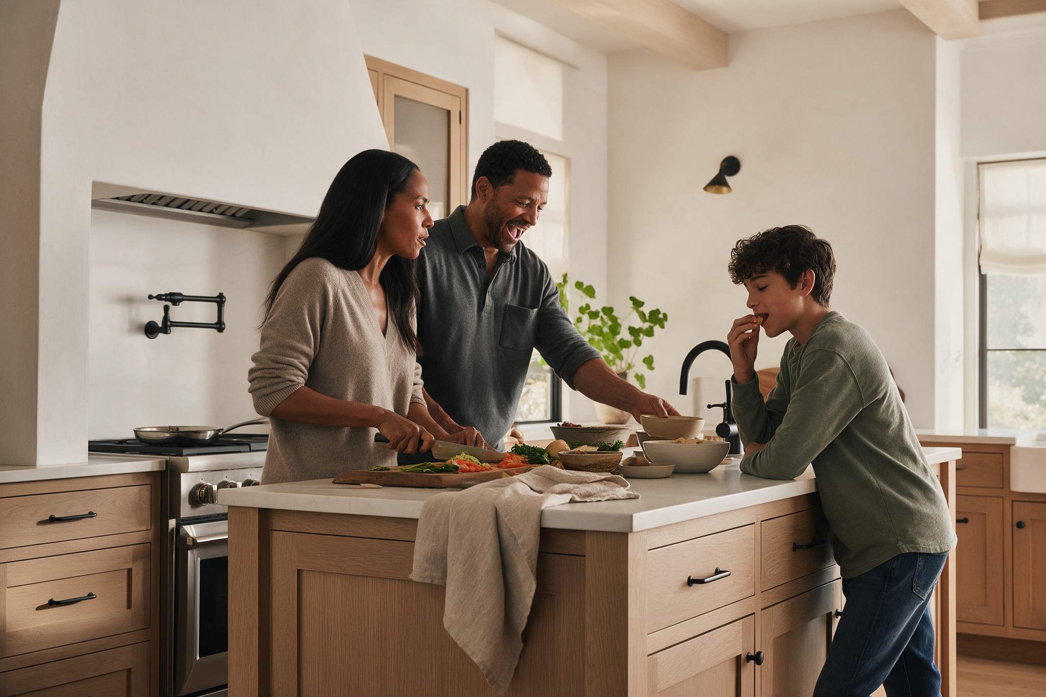 A homeowner at her kitchen island in morning light